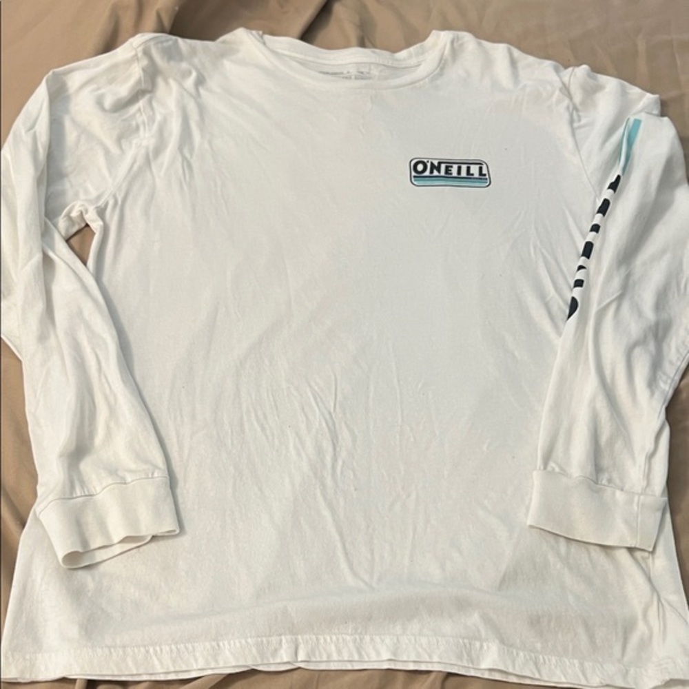 O'Neill White Teal 70s Style Surfer Skateboard Graphic Logo Long Sleeve Tee::